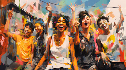 Fototapeta premium happy children playing in the streets oil painting