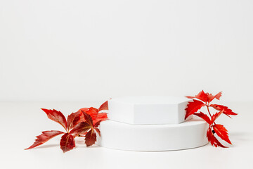 Empty product podium with red autumn leaves on white background. Showcase for design and product presentation, aesthetic minimal style