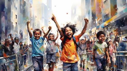 happy children playing in the streets oil painting