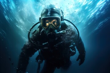 Naklejka na ściany i meble A scuba diver underwater. Spooky, mysterious and foggy scene. Great for action, adventure, marine and deep sea thriller, spy movie and more. 