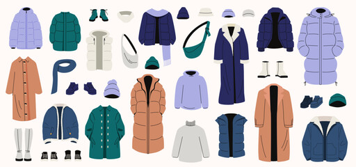 Winter clothes set. Cartoon winter wardrobe with casual and elegant clothing, male and female cold weather outfits. Vector winter wardrobe - obrazy, fototapety, plakaty