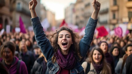 Woman standing in a crowded feminist march demonstration for women's rights in March 8th. Generative AI.