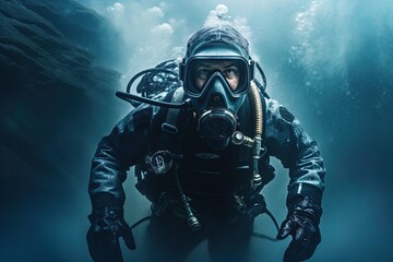 A scuba diver underwater. Spooky, mysterious and foggy scene. Great for action, adventure, marine and deep sea thriller, spy movie and more. 