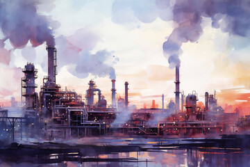 Smoke chemistry plant pollution factory energy refinery oil production technology chimney ecology industrial - obrazy, fototapety, plakaty