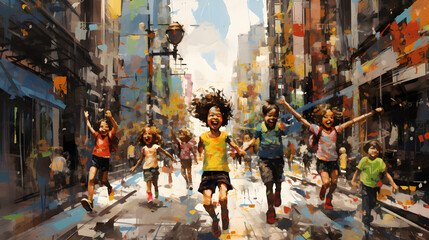 happy children playing in the streets oil painting - obrazy, fototapety, plakaty