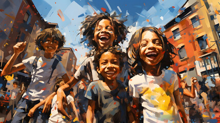 Fototapeta premium happy children playing in the streets oil painting