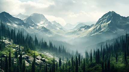 The mountains are covered in a layer of mist, which is thicker in the valleys and thinner on the peaks. The foreground consists of a dense forest of coniferous trees - obrazy, fototapety, plakaty