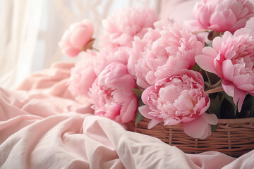 pink peonies in the basket on a bed