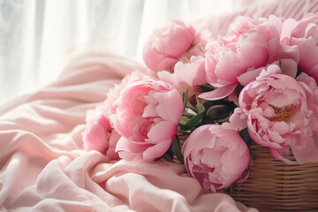 pink peonies in the basket on a bed