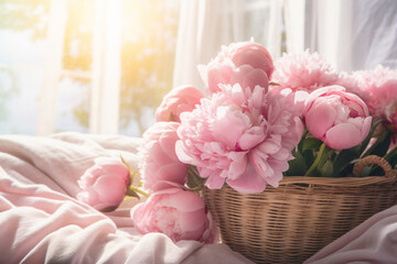 pink peonies in the basket on a bed - obrazy, fototapety, plakaty