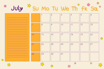 Calendar 2024 July. Summer planner with dates and notes in doodle style. Cartoon design in 80s retro hippie style. Vector illustration with editable stroke. Cute planner with decor