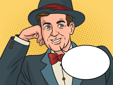 Condescending sarcasm businessman man meme with blank text bubble pop art retro raster illustration. Comic book style imitation.
