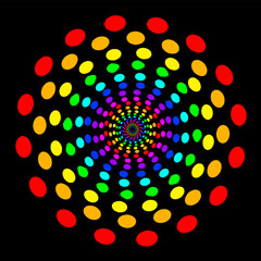 Abstract colorful circular oval shape pattern isolated on black background. Disco, party, festive decoration.