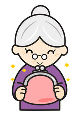 がま口財布を持つおばあちゃん
