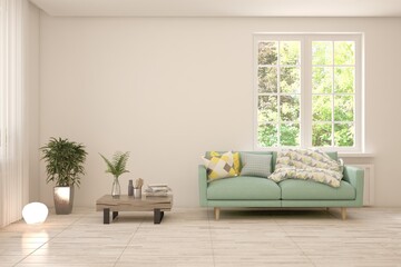 Modern interior concept with sofa and summer landscape in window. 3D illustration