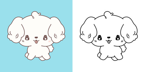 Cute IsolatedBichon Frise Dog Illustration and For Coloring Page. Cartoon Clip Art Puppy.