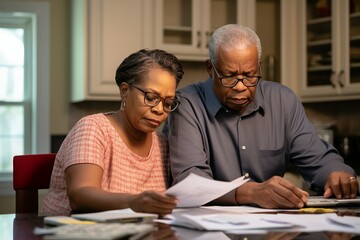 Senior Couple Analyzing Documents for Financial Planning at Home - obrazy, fototapety, plakaty