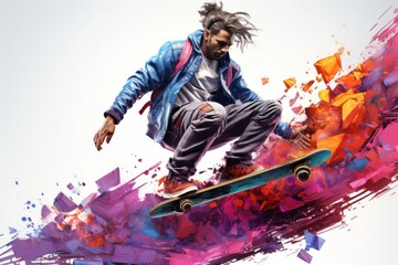 Skateboarder performing a gravity-defying trick in a skatepark with vibrant graffiti art,...