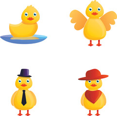 Duckling icons set cartoon vector. Funny little duck. Cartoon character