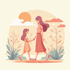 Simple flat illustration, vector style, mom and daughter met together, mothers day, walking with daughter, beautiful graphics, pastel colors , high quality. Generative AI.