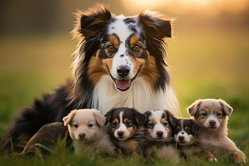 Fototapety  Aussie dog mum with puppies playing on a green meadow land, cute dog puppies