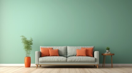 Living room scene, minimalist green background, to have a sofa, light color, minimalist style. - obrazy, fototapety, plakaty