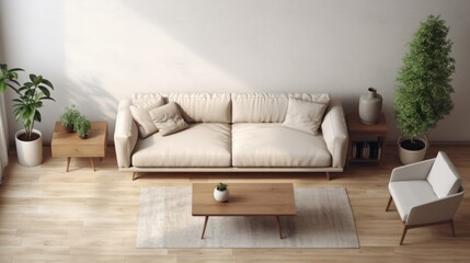 Living room scene, minimalist background, to have a sofa, light color, minimalist style.