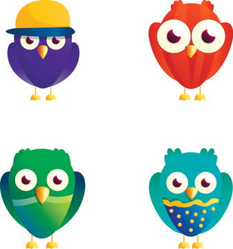 Cute owl icons set cartoon vector. Funny little owl bird. Cartoon character
