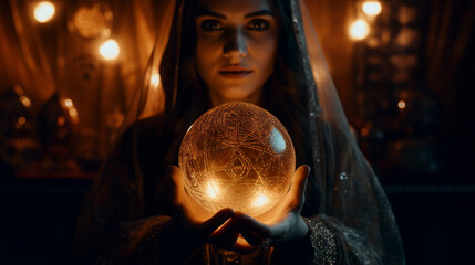 Destined Illumination: Fortune Teller and the Glowing Glass Orb, Generative AI