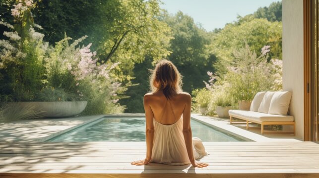 Woman sits happily relaxing by the poolside, Serene Summer Getaway