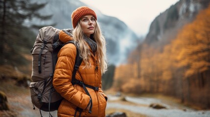 Woman dressed in outdoor hiking adventure gear , thick hiking boots, mountaineering backpack