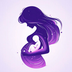 Digital art, flt illustration high quality, mom and baby in the womb, painting for maternity room, or home decoration, gift, maternity. Baby in the womb. Beautiful image. Pink purple. Generative AI.
