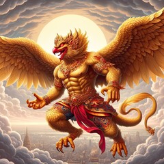 Garuda has the body of a person, the back of a bird and has wings. A deity in Indian and Buddhist mythology.