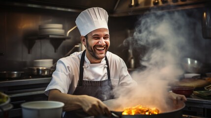 Smiling chef having fun while preparing food in the kitchen at restaurant - obrazy, fototapety, plakaty