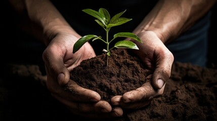 Close-up hands holding young green seedling in soil.