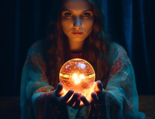 Naklejka premium Glowing Pathways: Fortune Teller and her Magic Glass Sphere, Generative AI