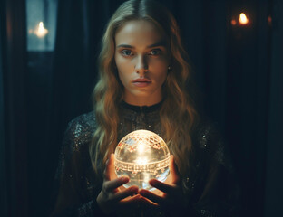 Naklejka premium Ethereal Visions: Mystic Gazes into the Enchanted Crystal Ball, Generative AI