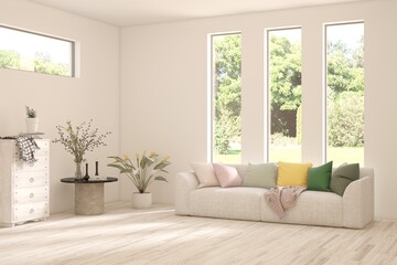 Bright interior design with modern furniture and summer landscape in window. 3D illustration