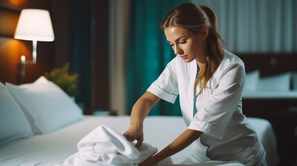 Young female hotel maid making bed in hotel room, Hotel room service