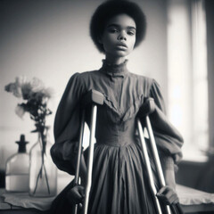 Girl with crutches, African American, vintage photo, aristocrat, black and white image. Generative AI.