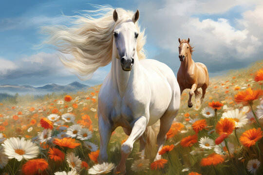 Horses run gallop in flower meadow