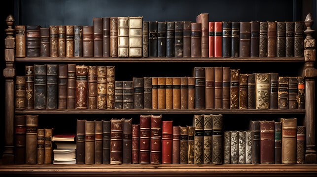 Old Leather-bound Books on a Wooden Shelf