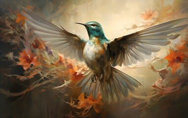 Bird illustration with open wings and floral ornament. Artwork in oil painting style. Cinematic light.