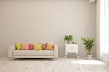 White modern interior design with sofa. Scandinavian interior design. 3D illustration