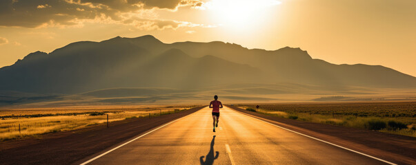Silhouette of runner in sportswear on empty road at sunset. - obrazy, fototapety, plakaty