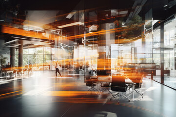 Fototapeta na wymiar Factors in a positive working culture, the interior of an orange office space area with glass windows