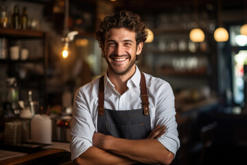 barista smiling in apron in bar or cafe