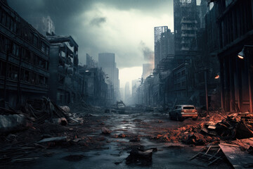 post-apocalyptic streets of a big city with skyscrapers