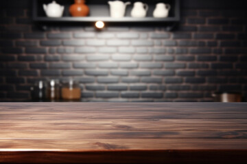 Fototapeta na wymiar empty dark wooden table against blurred kitchen interior background