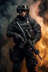 A special forces operator in full combat gear. Dynamic action poster. 